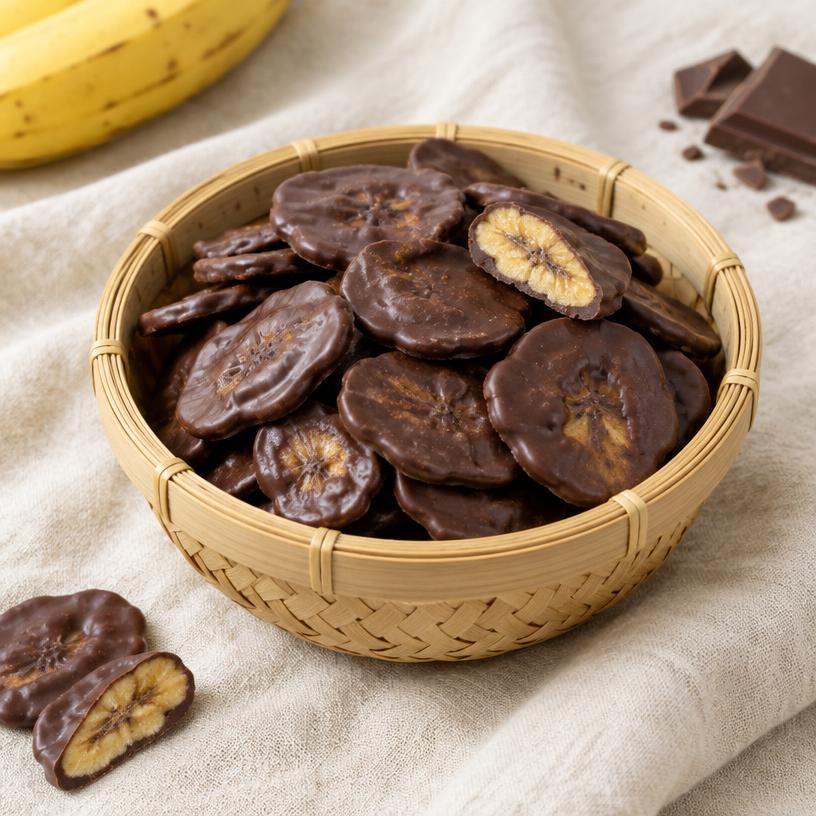 Ilustrasi keripik pisang berlapis cokelat