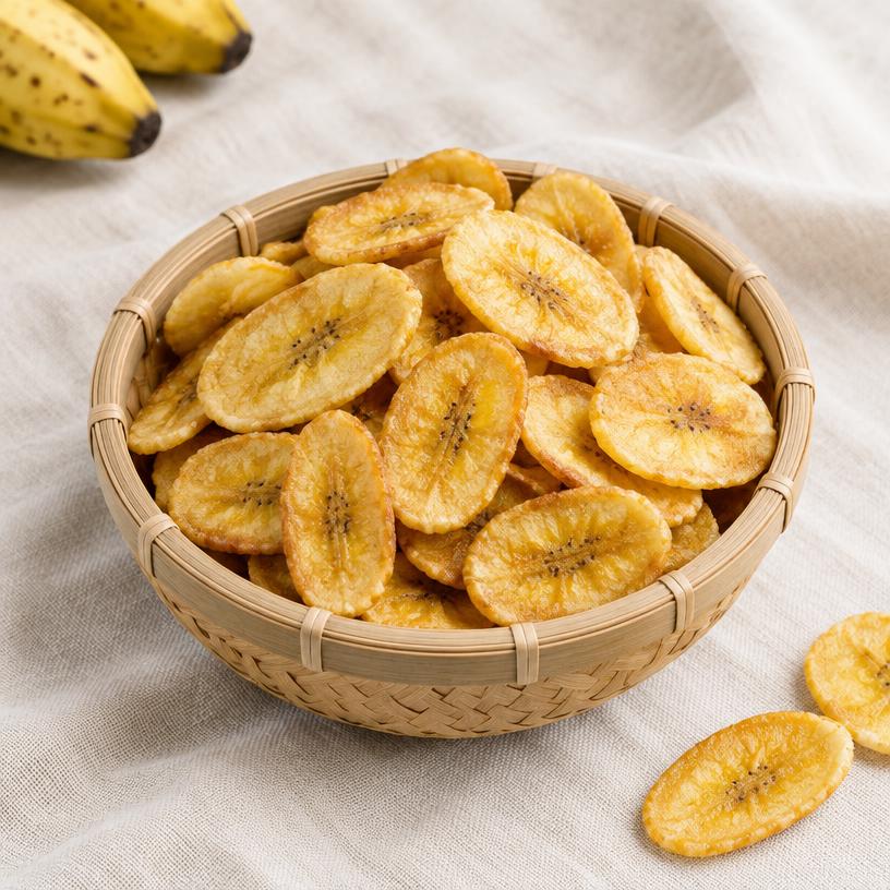 Ilustrasi keripik pisang original dalam wadah anyaman bambu